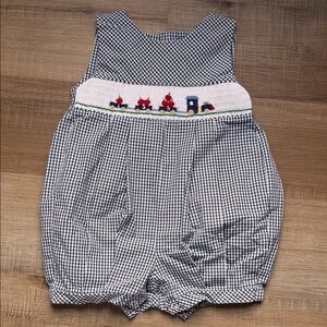 Carriage Boutique Navy and White Gingham Bodysuit with Train Design